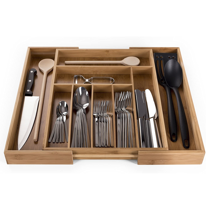 Expandable Adjustable Bamboo Cutlery Drawer Organizer with multiple compartments for kitchen utensils