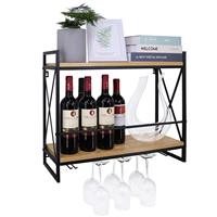 Porte-bouteilles en verre à vin suspendu en bois à 2 niveaux Porte-bouteilles mural en métal avec 5 porte-verres
