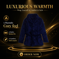 Peignoir d'hiver en flanelle thermique, doux, en polyester, col en V, ceinturé, manches longues, bleu, vêtements de maison