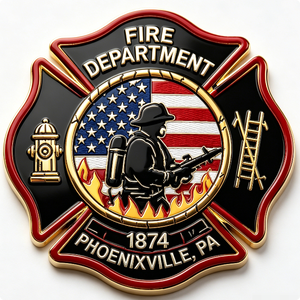 Badge en métal émaillé plaqué or de la police des pompiers de Phoenixville, Pennsylvanie, 1874, emblème patriotique souvenir - Product Image 2
