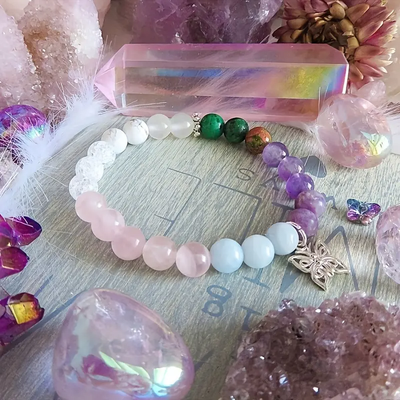 Penjualan laris gelang liontin kupu-kupu berongga lucu Kristal Quartz merah muda perlindungan Spiritual untuk wanita