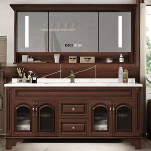 Luxury cosmetic retro bathroom cabinet dark brown with LED <b>mirror</b> and ceramic basin <b>for</b> hotel - Product Image 1