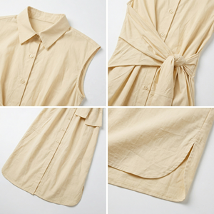 <span class=keywords><strong>Abito</strong></span> Camicia Senza Maniche Beige da Donna, Design Originale Personalizzato, Elegante Vestito <span class=keywords><strong>Midi</strong></span> con Vita Incrociata e Laccio, Abiti di Lusso per Ufficio OEM - Product Image 3