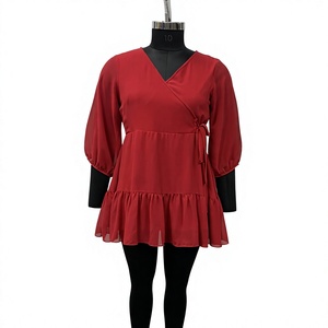 Red V-Neck <b>Chiffon</b> Mini <b>Dress</b> With Bubble Sleeves And Ruffle Hem A-Line <b>Wrap</b> Front Casual Summer <b>Dress</b> - Product Image 1