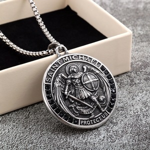 yunnique <b>St</b>. <b>Michael</b> Archangel Pendant <b>Necklace</b> Stainless Steel Men's Religious Charm With Black Stone Inlay Gift Jewelry - Product Image 1