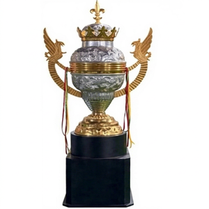 Silver Metal <b>Trophy</b> with Gold Fleur-de-lis Crown and Eagle Handles on Black <b>Base</b> for Competition Award - Product Image 1