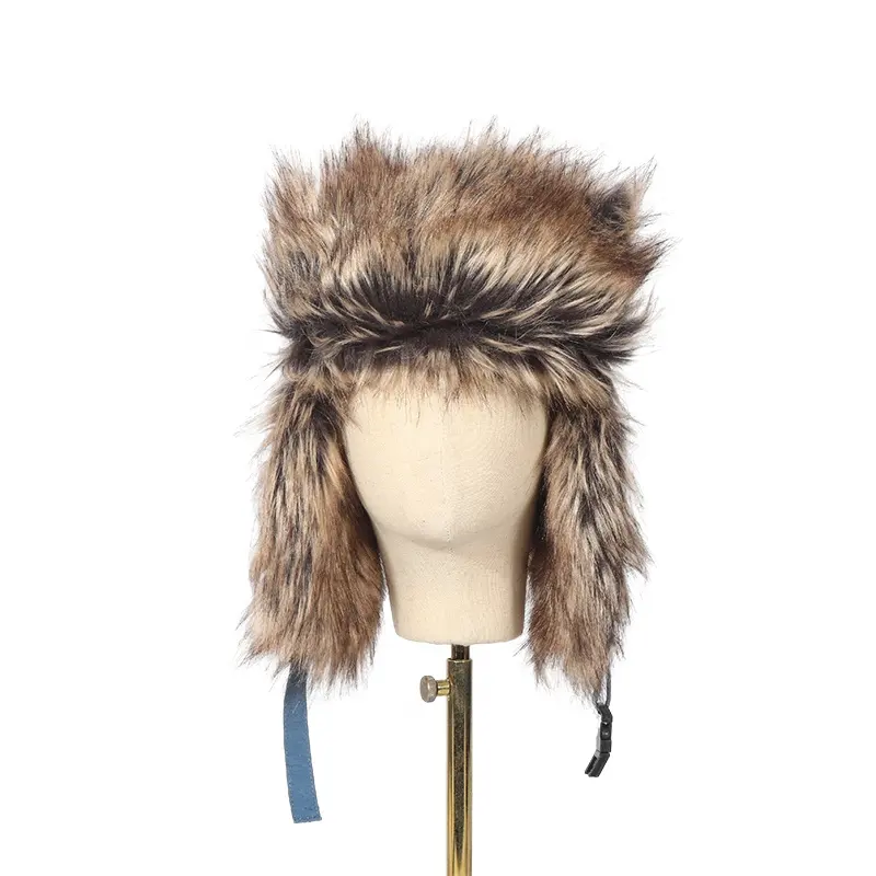 Custom Winter Windproof Fur Bomber Hat Russian Earflap Snowboarding Aviator Trapper Hat Trooper Ear Flaps Hat