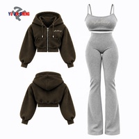 Ensemble de survêtement 3 pièces pour femme : sweat à capuche court zippé, haut décontracté dos nu et pantalon évasé taille haute – Tenue de yoga personnalisable avec logo, style streetwear