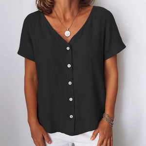 Nueva Blusa Cárdigan <span class=keywords><strong>de</strong></span> Poliéster <span class=keywords><strong>para</strong></span> Mujer, Estilo Casual <span class=keywords><strong>de</strong></span> Verano, Manga Corta, Cuello en V, con Botones, Color Sólido, Colección 2025 - Product Image 2