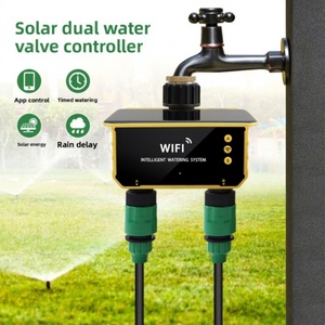Válvula de riego por goteo WiFi con energía solar de PVC, controlador de riego con temporizador de doble salida para riego. - Product Image 1
