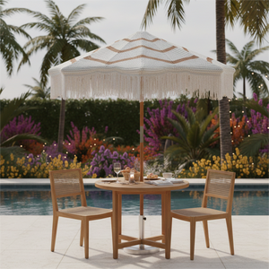 Parasol en macramé tropical Verona avec mât en teck durable - Protection solaire anti-UV écologique pour patios et parcs - Product Image 5