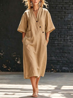 Robe midi décontractée d'été 2026 pour femme en mélange de lin, style bohème, col en V, boutonnée, anti-plis