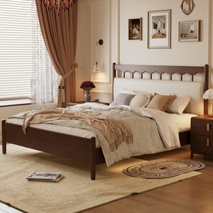 Cama de plataforma de madera maciza de estilo retro americano con cabecero suave para dormitorio principal - Product Image 1