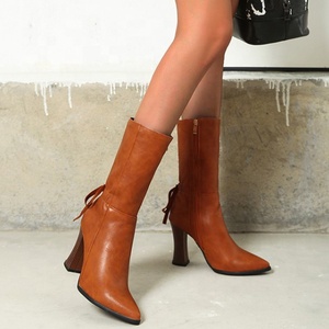 Bottes mi-mollet pour femme en PU solide avec fermeture éclair latérale, bottes d'hiver à bout pointu, grande taille 50, bottines à talon épais pour femmes - Product Image 6