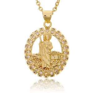 Virgin Mary Gold Plated Religious Coin Cubic Zirconia Fine Fashion Jewelry Catholicism Necklaces Zircon Custom Design for Women