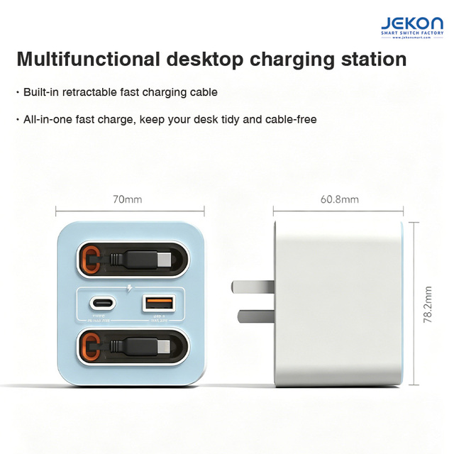 Elegant Multi Color Desktop Charging Station, Dual Retractable Fast Charging Cables with USB a & Type C Charging Ports