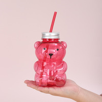 Bouteille de boisson en plastique PET de qualité alimentaire, jetable, en forme d'ours, 500 ml, 700 ml, avec couvercle et paille pour jus, café, lait