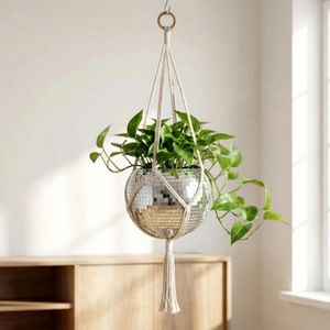 Porte-plante suspendu décoratif avec support en corde macramé et pot de fleurs en verre mosaïque miroir, style bohème moderne, pour l'intérieur - Product Image 2