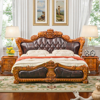 Lit double de luxe en cuir d'ébène de style européen, lit queen-size en bois massif sculpté, modèle 2303 pour villa et chambre de mariage