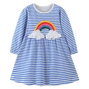 Royal Blue Long Sleeve Fancy Rainbow Patch Printing Fall Plus Kids Girls' Dresses Stripe Ruffle Quality Soft Knitted Dress