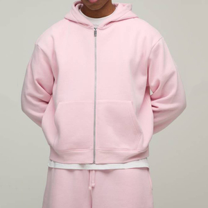 Sweat-shirt à capuche zippé rose en polaire pour homme, 100% coton, tricoté épais, coupe classique, hiver - Product Image 3