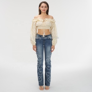 Top Corto con Estampado Floral para Mujer, Nuevo y Moderno, con Hombros Descubiertos, Manga Larga, Volantes y Cordón Ajustable, Sexy, para Verano - Product Image 3