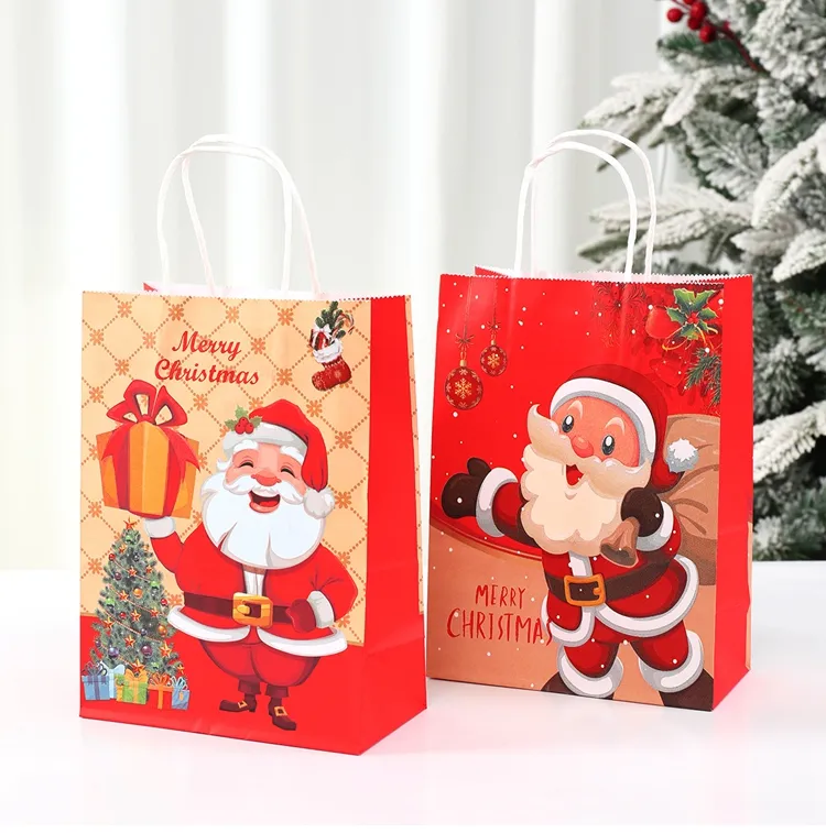 6 pezzi sacchetto regalo di natale con manici sacchetti di carta Kraft babbo natale 2023 forniture per feste di natale sacchetto di caramelle biscotto regalo 2024
