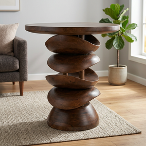 Mesa Auxiliar Apilable de Madera de Acacia Hecha a Mano |   Tablero de Mesa de Madera de Nogal Oscuro, Estilo Moderno de Mediados de Siglo, 18-20 Pulgadas de Diámetro, Ecológico - Product Image 3