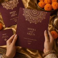 Suite de papeterie personnalisée pour mariage indien, couleur bordeaux, comprenant invitation, menu et marque-place, avec dorure or ornée, pour papeterie multiculturelle d'Asie du Sud