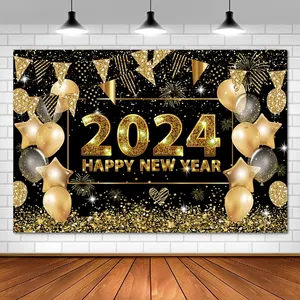 Happy New Year Backdrop for 2024 Firework Champagne Balloons Christmas New Year Party Photography Background Photo Studio Decor