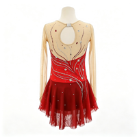 Robe de patinage et de danse rouge dégradé pour enfants et adultes, col rond, manches longues en maille, dos orné de strass, pour compétition et spectacle de patinage sur glace