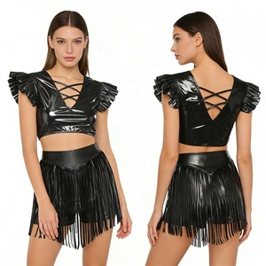 Robe de compétition de danse de salon personnalisée pour femmes, tenue de danse métallique, haut court à manches volantées et short pour la danse jazz - Product Image 2
