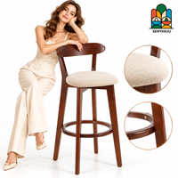 Tabouret de bar moderne en bois massif avec siège rembourré, dossier incurvé, anneau de repose-pieds, coloris Teal, Rose, Gris, pour café et cuisine