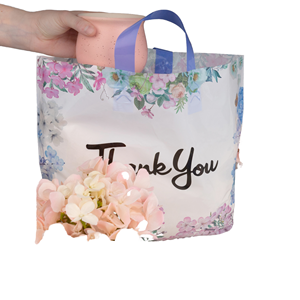 Bolsas de compras de plástico LDPE reciclado con impresión en huecograbado engrosado, bolsas de agradecimiento personalizadas con logo y asa larga para ropa - Product Image 1