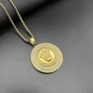 Collier pendentif couronne Hip Hop en acier inoxydable plaqué or avec strass, bijou de fête DZ066 - Product Image 1
