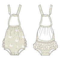 Jumpsuit anak perempuan desain ruffle tanpa lengan, bahan bambu, kualitas tinggi, custom print, model leher terbuka, cocok untuk musim panas.