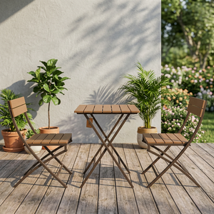 Modern Outdoor <b>Garden</b> Set with Wooden Tops and Steel Frame <b>Foldable</b> <b>Table</b> and 2 Chairs for Patio Use - Product Image 2