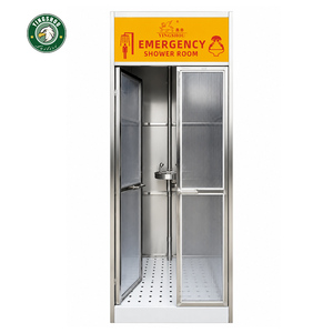 Ducha de Emergencia Industrial ANSI Z358.1 con Doble Puerta y Estación de Lavado de Ojos - Product Image 1