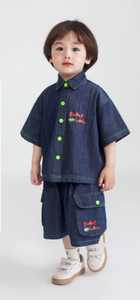 Ensemble de vêtements d'été en denim bleu à col pour bébés garçons, 2 pièces, avec boutons et broderies colorés, anti-boulochage - Product Image 6