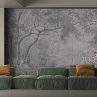 Papier peint gris velours, papier peint vintage avec gravure de paysage de jungle, d'arbre, de lac et de montagne pour salon, villa, hôtel