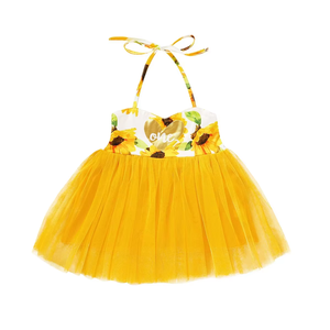 Vestido de tutú de malla amarilla suave de varias capas con estampado de girasoles y cuello halter para bebés y niñas pequeñas, lavable, ideal para sesiones de fotos y celebraciones de cumpleaños. - Product Image 2