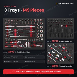 Jeu d'outils mécaniques 149 pièces, clé dynamométrique, jeu de douilles à chocs 1/4 3/8 1/2, CR-V, 3 plateaux en mousse EVA pour armoire à outils, réparation automobile - Product Image 2