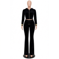 Ensemble de survêtement en velours pour femmes, 2 pièces, haut court à capuche, pantalon long, couleur unie, décontracté, toutes saisons, coupe classique