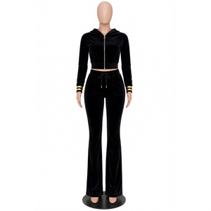 <b>Women's</b> <b>Velvet</b> 2-Piece Tracksuit Set Hooded Crop <b>Top</b> Full Length Pants Solid Color Casual All Seasons Regular Fit - Product Image 1
