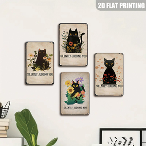 Targa in Metallo Retrò con Gatto Nero che Ti Giudica Silenziosamente e Fiori Pastello per Amanti dei Gatti - Product Image 4