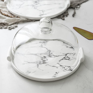 Motif de marbre Dessert Plateau Avec En Verre/Antipoussière Couvercle En Verre Essayer de Manger Plaque Dôme De Gâteau En Verre - Product Image 1