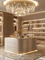 Système de dressing de luxe de style français avec îlot central et vitrine en verre, sur mesure pour chambre principale de villa