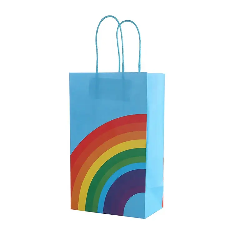 Fabrik großhandel mädchen jungen kinder geburtstag party-kraftpapiertüte behandeln keks süßigkeiten taschen regenbogen kraftpapier geschenk taschen mit griffen