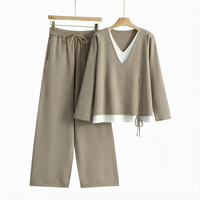 Ensemble de vêtements pour femmes Muhseeq, col mandarin, tricot respirant, ensemble de pantalon large à patchwork, tenue en deux pièces, jacquard, automne