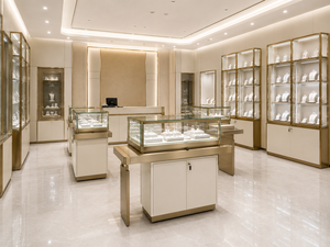 Custom Jewelry Store Fixtures LED Glass <b>Display</b> <b>Cases</b> Champagne Gold Metal Furniture Turnkey Shop Interior Solution Manufacturer - Product Image 3